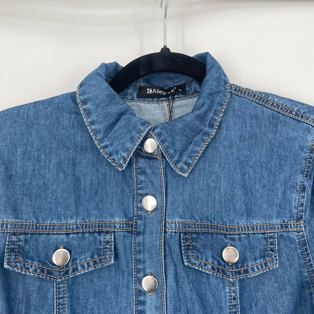 Allegra K Womens Blue Button Down Long Sleeve Collared Denim Shirt Dress Size XS - Picture 3 of 12